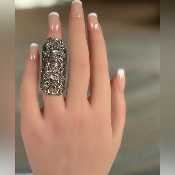 Boho Silver Tone Filigree Full Finger Ring with Rhinestones - Picture 2 of 12